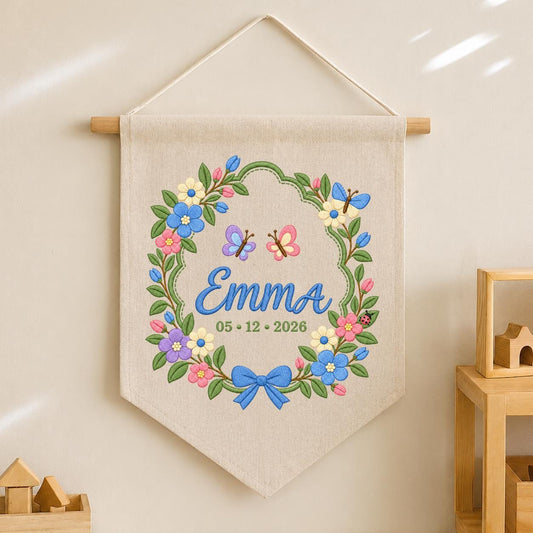 Custom Name Date Embroidered Canvas Banner Decor, Spring Floral Wreath Butterflies Blue Bow Emma Baby Shower Nursery Wall Hanging Sign