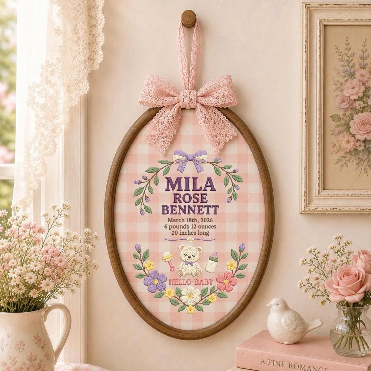 Personalized Baby Stats Oval Hoop Decor, Custom Embroidered Name Date Weight Mila Rose Teddy Bear Hello Baby Shower Keepsake Gift