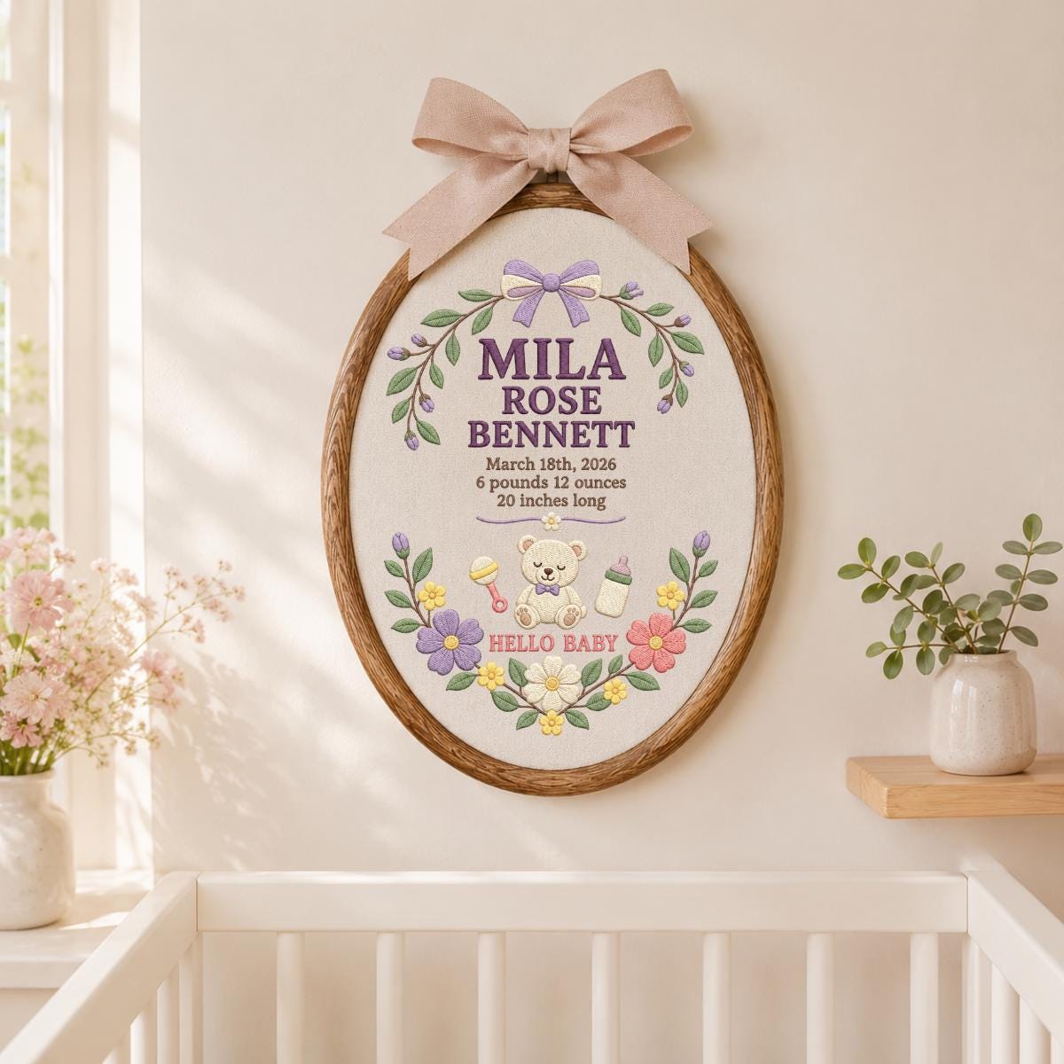 Personalized Baby Stats Oval Hoop Decor, Custom Embroidered Name Date Weight Mila Rose Teddy Bear Hello Baby Shower Keepsake Gift