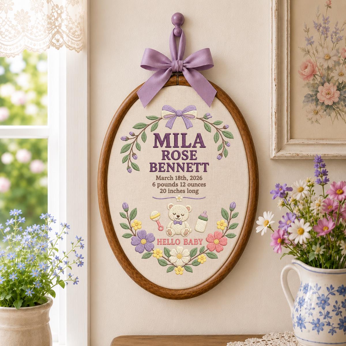 Personalized Baby Stats Oval Hoop Decor, Custom Embroidered Name Date Weight Mila Rose Teddy Bear Hello Baby Shower Keepsake Gift