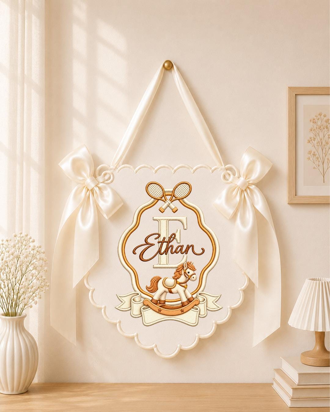 Personalized Embroidered Baby Name Banner, Rocking Horse Nursery Wall Decor, Tennis Baby Monogram Sign, Custom Nursery Name Sign, Baby Gift