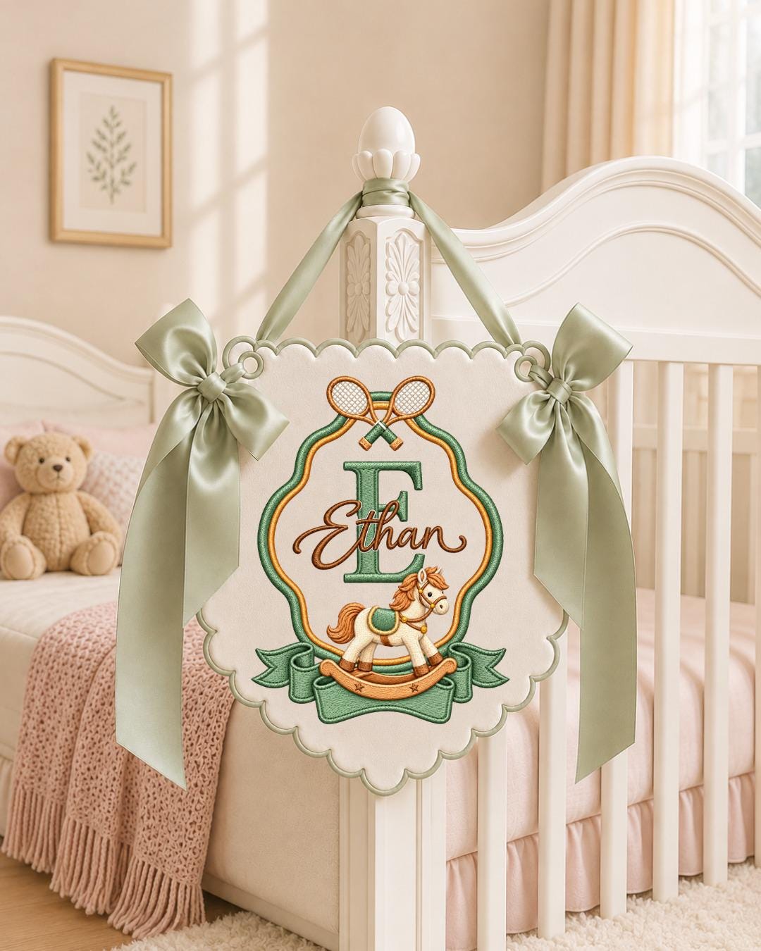 Personalized Embroidered Baby Name Banner, Rocking Horse Nursery Wall Decor, Tennis Baby Monogram Sign, Custom Nursery Name Sign, Baby Gift