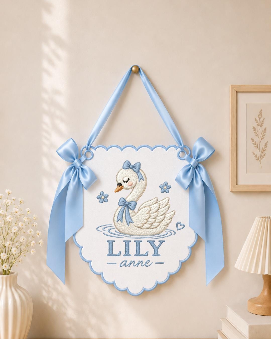 Personalized Swan Embroidered Baby Name Banner, Custom Baby Girl Nursery Wall Decor, Pink Swan Name Sign, Newborn Baby Shower Gift