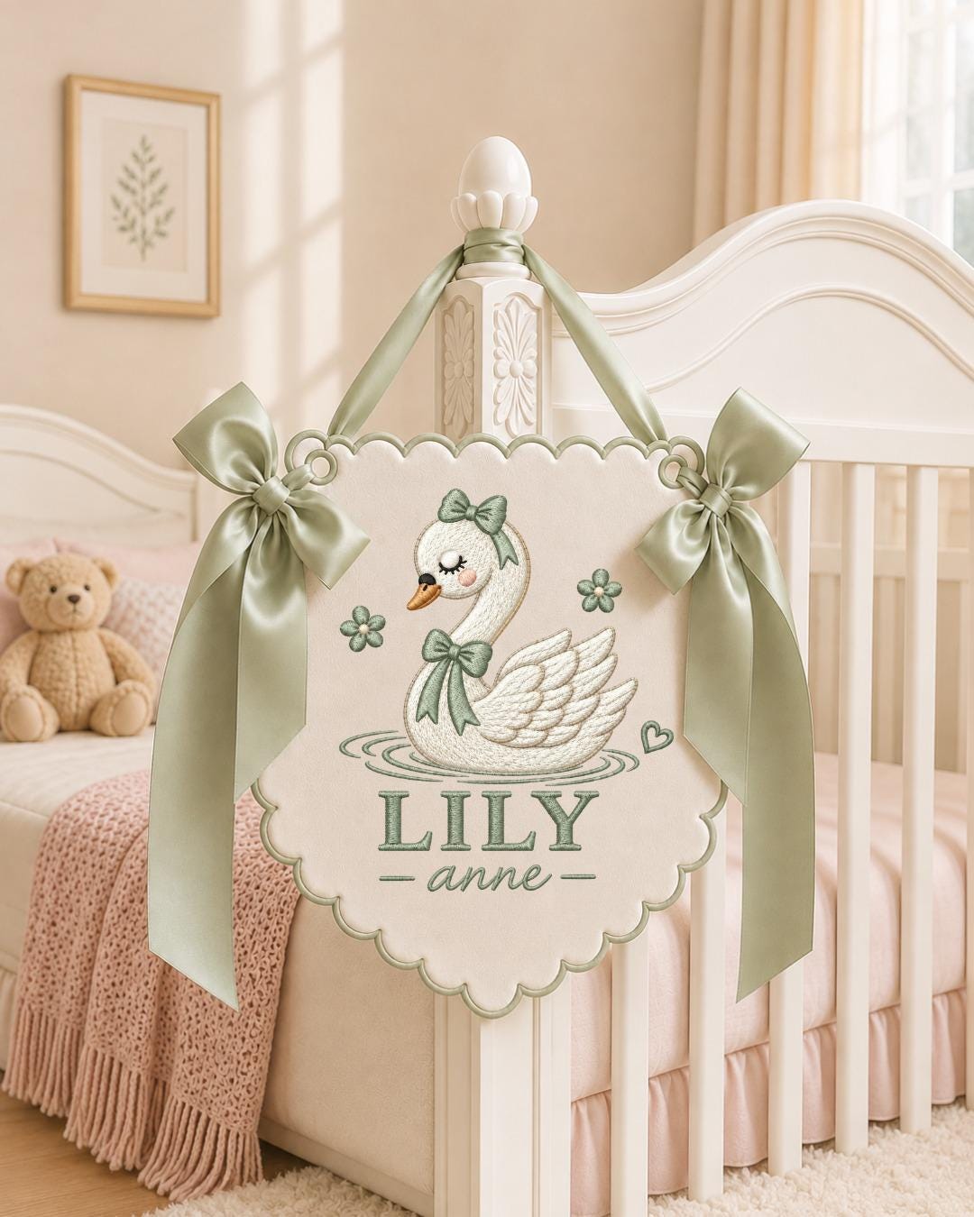 Personalized Swan Embroidered Baby Name Banner, Custom Baby Girl Nursery Wall Decor, Pink Swan Name Sign, Newborn Baby Shower Gift