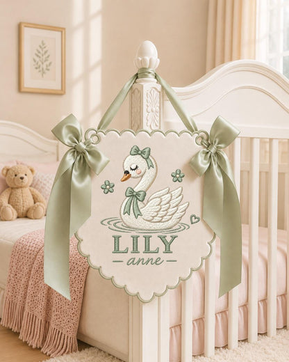 Personalized Swan Embroidered Baby Name Banner, Custom Baby Girl Nursery Wall Decor, Pink Swan Name Sign, Newborn Baby Shower Gift