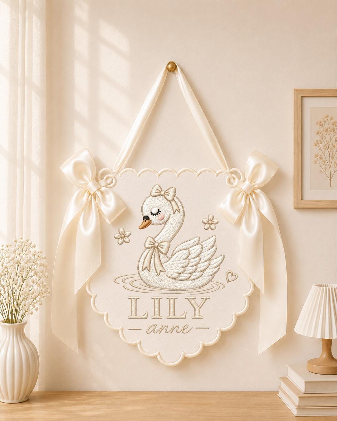Personalized Swan Embroidered Baby Name Banner, Custom Baby Girl Nursery Wall Decor, Pink Swan Name Sign, Newborn Baby Shower Gift