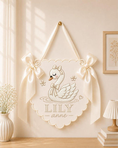 Personalized Swan Embroidered Baby Name Banner, Custom Baby Girl Nursery Wall Decor, Pink Swan Name Sign, Newborn Baby Shower Gift