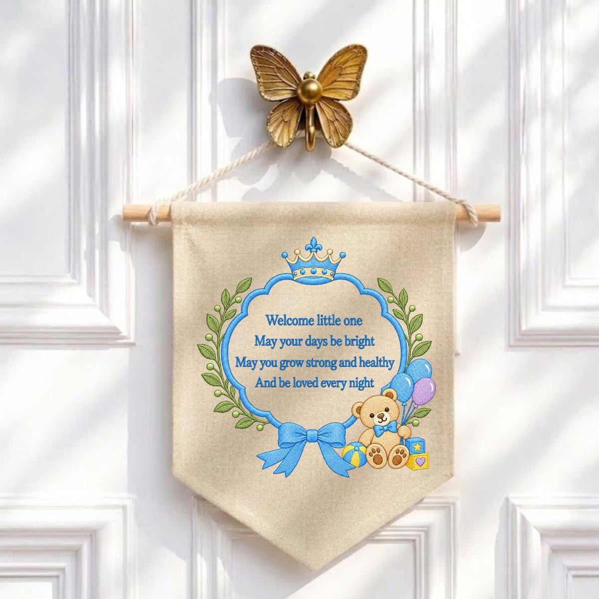 Little Prince Blessing Canvas Pennant Decor, Embroidered Crown Teddy Bear Welcome Little One Blue Bow Baby Boy Room Wall Hanging Keepsake