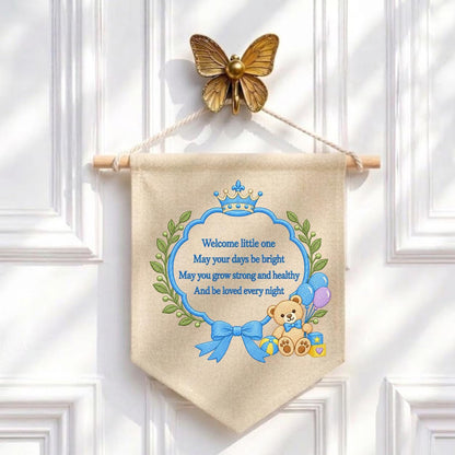 Little Prince Blessing Canvas Pennant Decor, Embroidered Crown Teddy Bear Welcome Little One Blue Bow Baby Boy Room Wall Hanging Keepsake