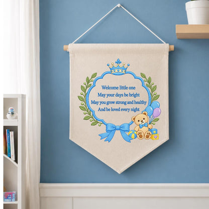 Little Prince Blessing Canvas Pennant Decor, Embroidered Crown Teddy Bear Welcome Little One Blue Bow Baby Boy Room Wall Hanging Keepsake