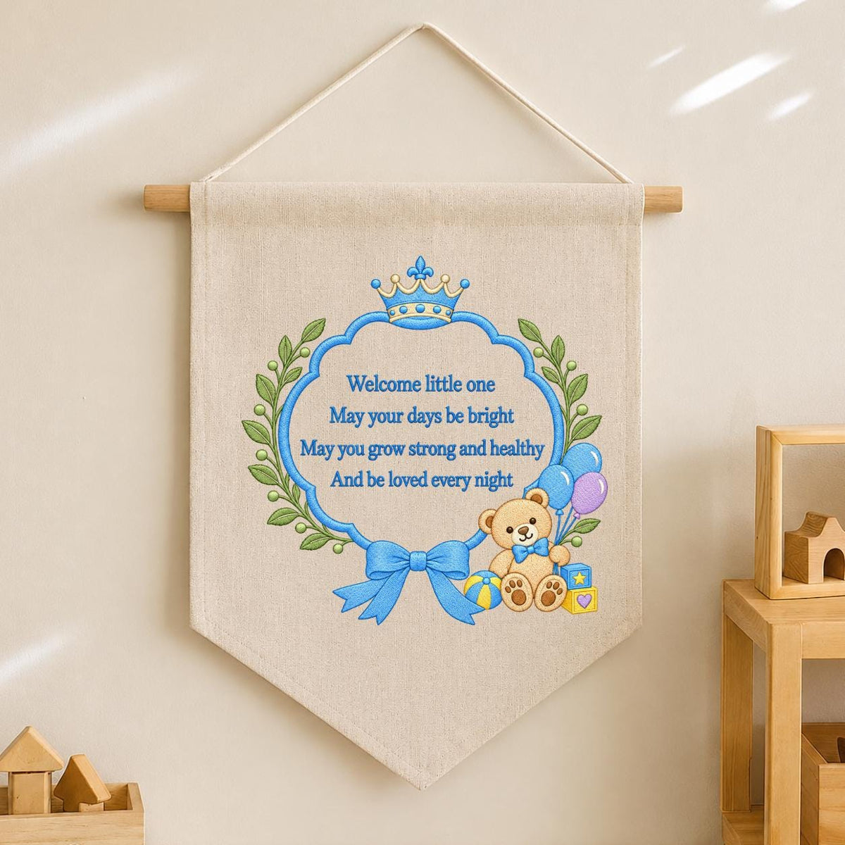 Little Prince Blessing Canvas Pennant Decor, Embroidered Crown Teddy Bear Welcome Little One Blue Bow Baby Boy Room Wall Hanging Keepsake