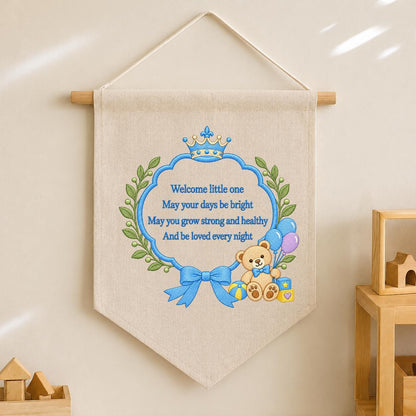 Little Prince Blessing Canvas Pennant Decor, Embroidered Crown Teddy Bear Welcome Little One Blue Bow Baby Boy Room Wall Hanging Keepsake