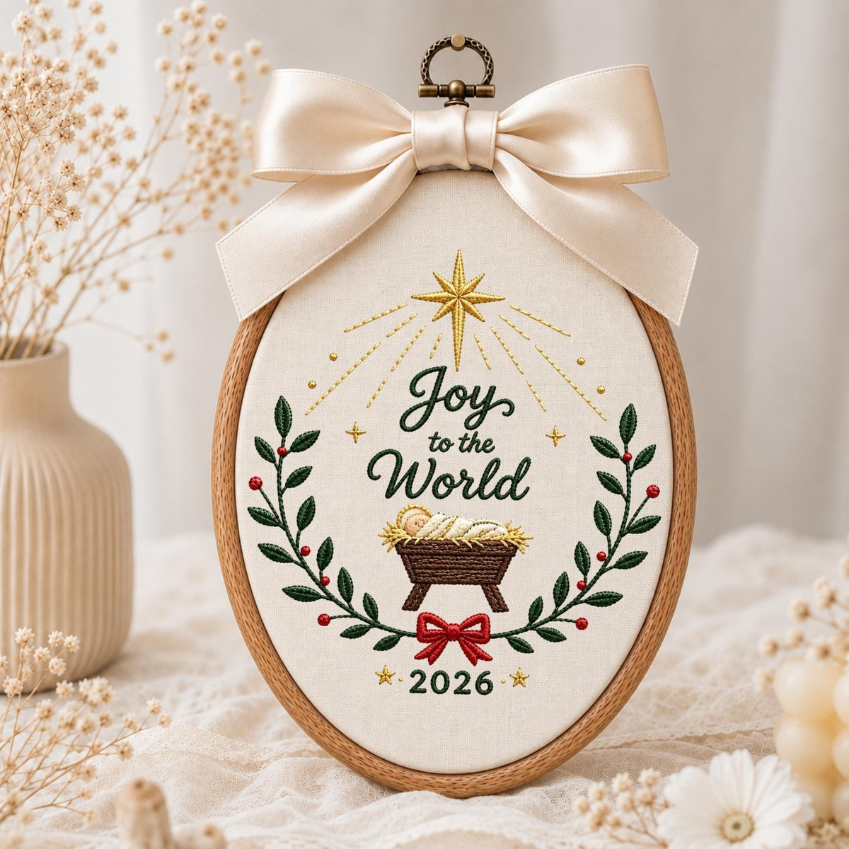 May include: An oval wooden embroidery hoop containing cream fabric with the embroidered text Joy to the World and 2026. The design features a gold star, a manger with a baby, green holly branches with red berries, and a red bow, topped with a satin ribbon.