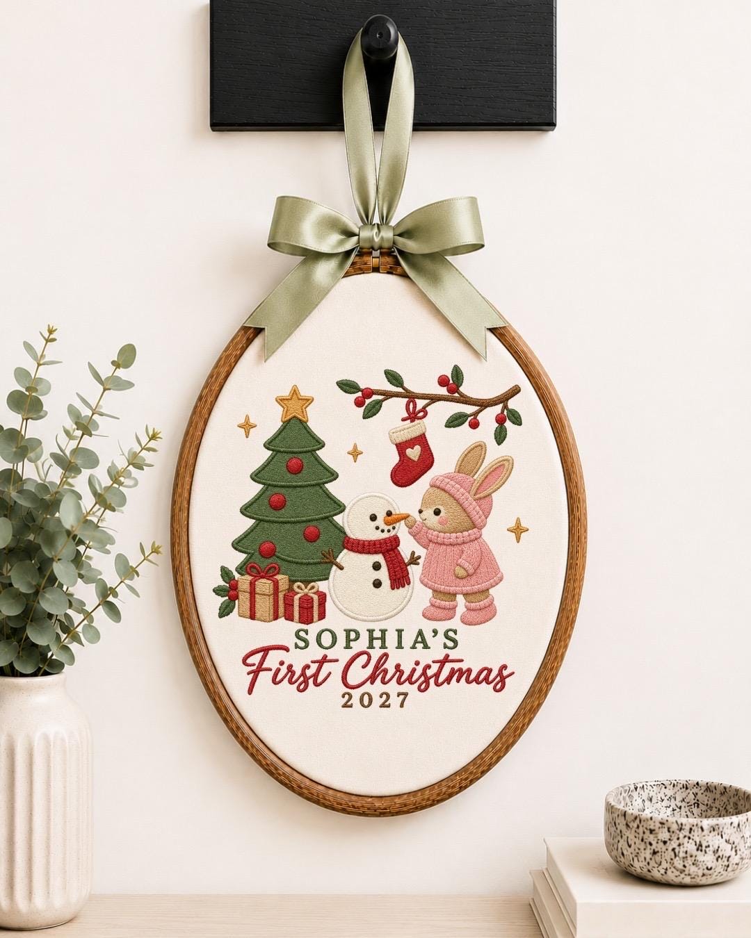 Personalized First Christmas Embroidered Ornament, Baby Girl Christmas Keepsake, Custom Name Bunny Snowman Ornament, 2027 Baby Gift