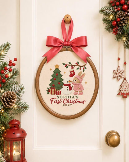 Personalized First Christmas Embroidered Ornament, Baby Girl Christmas Keepsake, Custom Name Bunny Snowman Ornament, 2027 Baby Gift