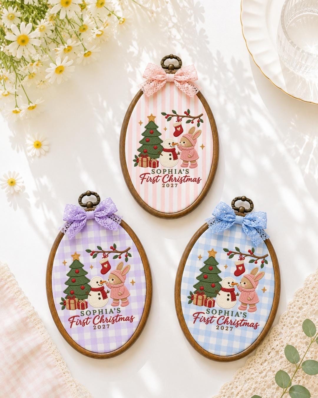 Personalized First Christmas Embroidered Ornament, Baby Girl Christmas Keepsake, Custom Name Bunny Snowman Ornament, 2027 Baby Gift