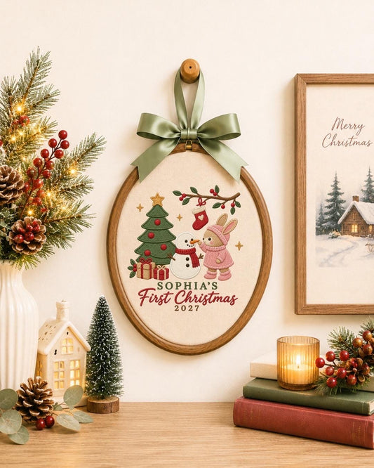 Personalized First Christmas Embroidered Ornament, Baby Girl Christmas Keepsake, Custom Name Bunny Snowman Ornament, 2027 Baby Gift
