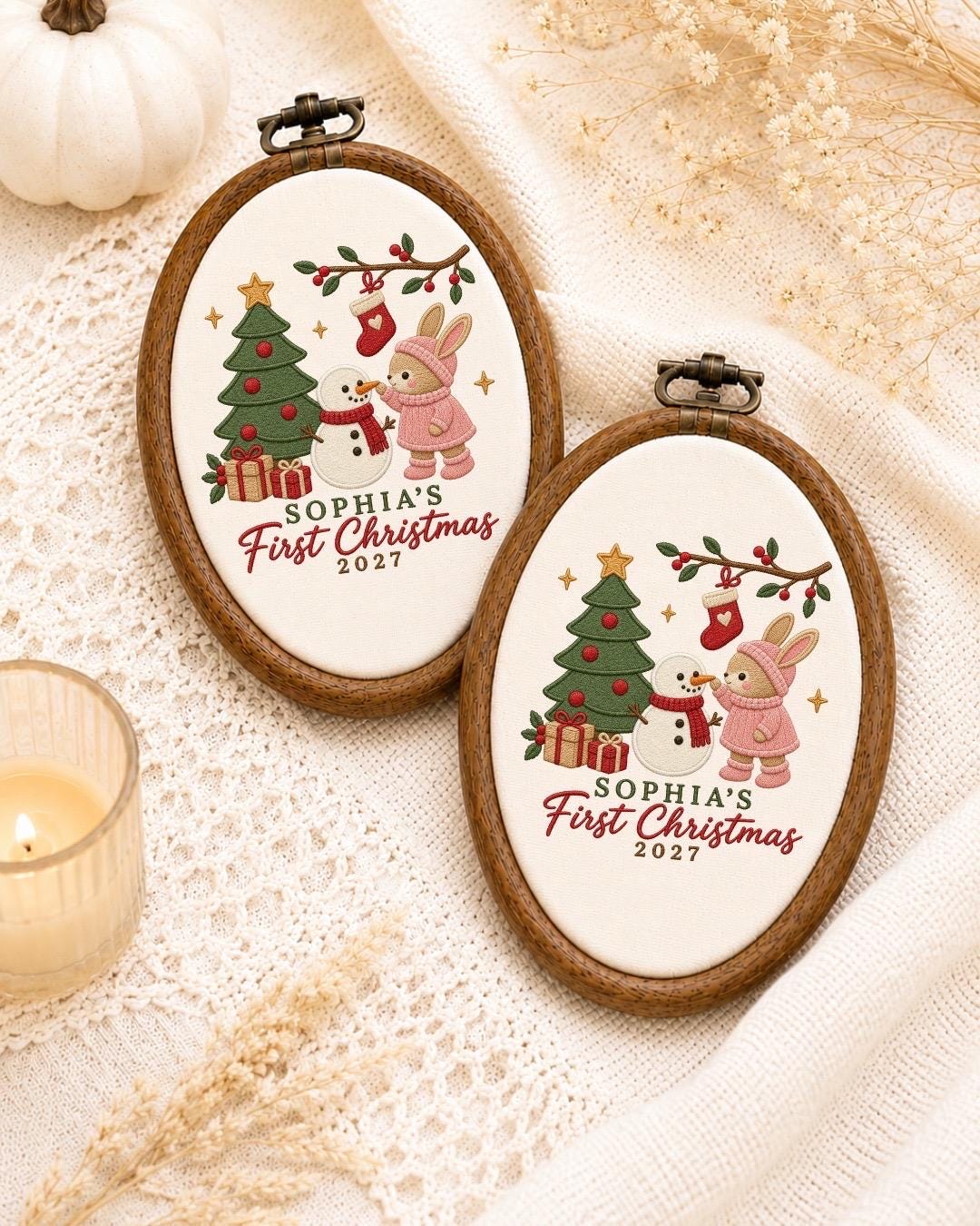 Personalized First Christmas Embroidered Ornament, Baby Girl Christmas Keepsake, Custom Name Bunny Snowman Ornament, 2027 Baby Gift