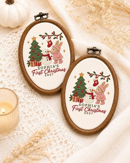 Personalized First Christmas Embroidered Ornament, Baby Girl Christmas Keepsake, Custom Name Bunny Snowman Ornament, 2027 Baby Gift