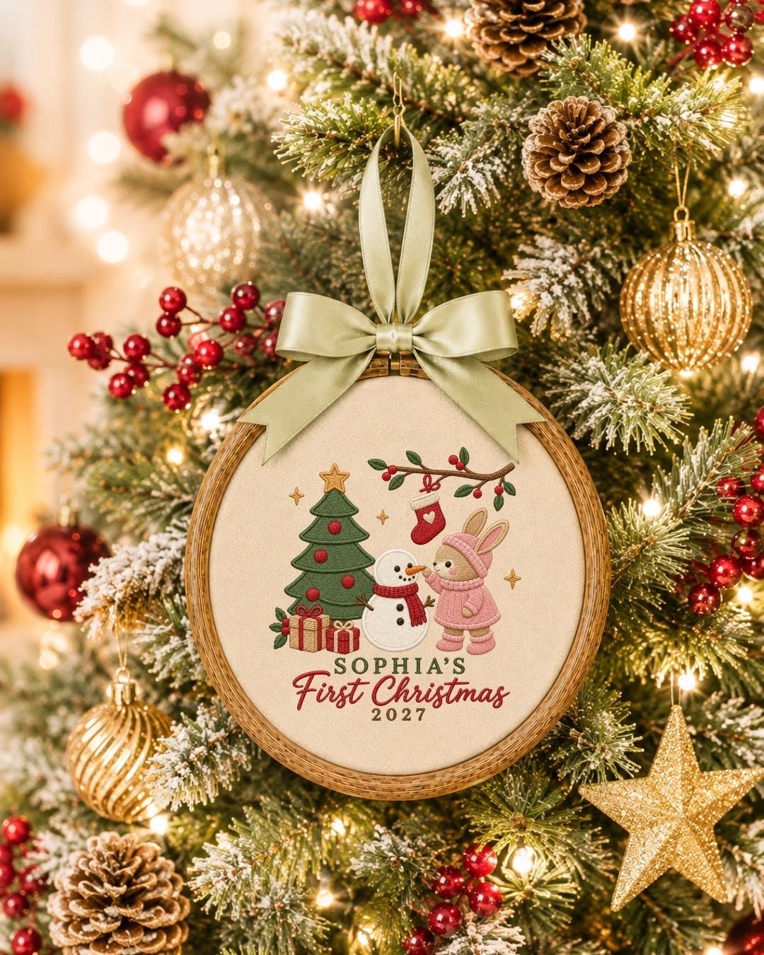 Personalized First Christmas Embroidered Ornament, Baby Girl Christmas Keepsake, Custom Name Bunny Snowman Ornament, 2027 Baby Gift