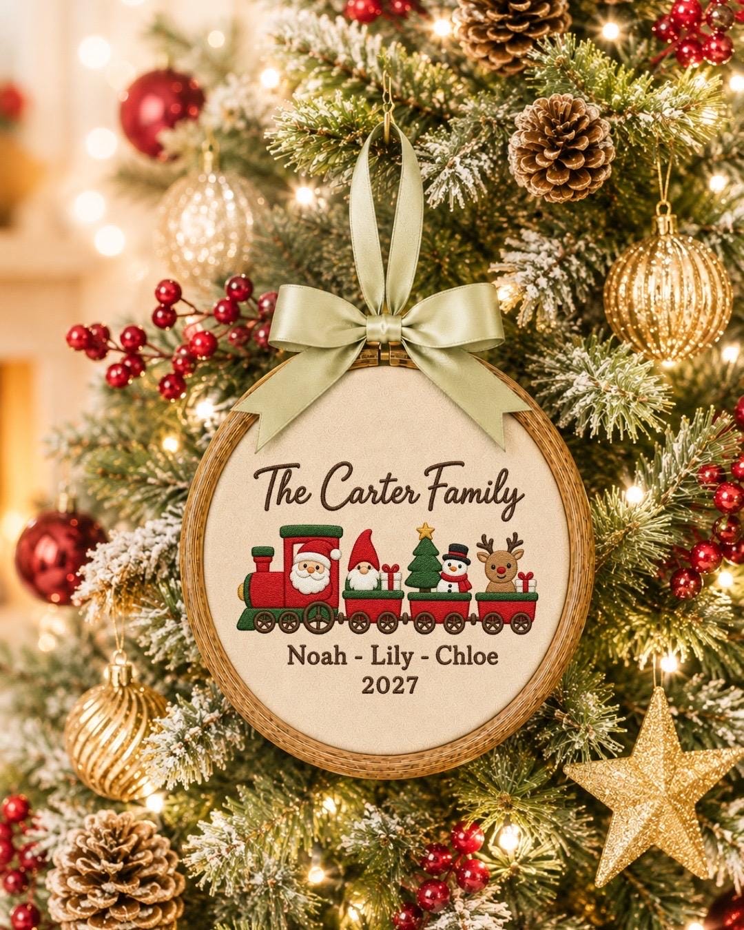 Personalized Family Christmas Embroidered Ornament, Custom Family Name Train Ornament, Christmas Family Keepsake, Holiday Gift