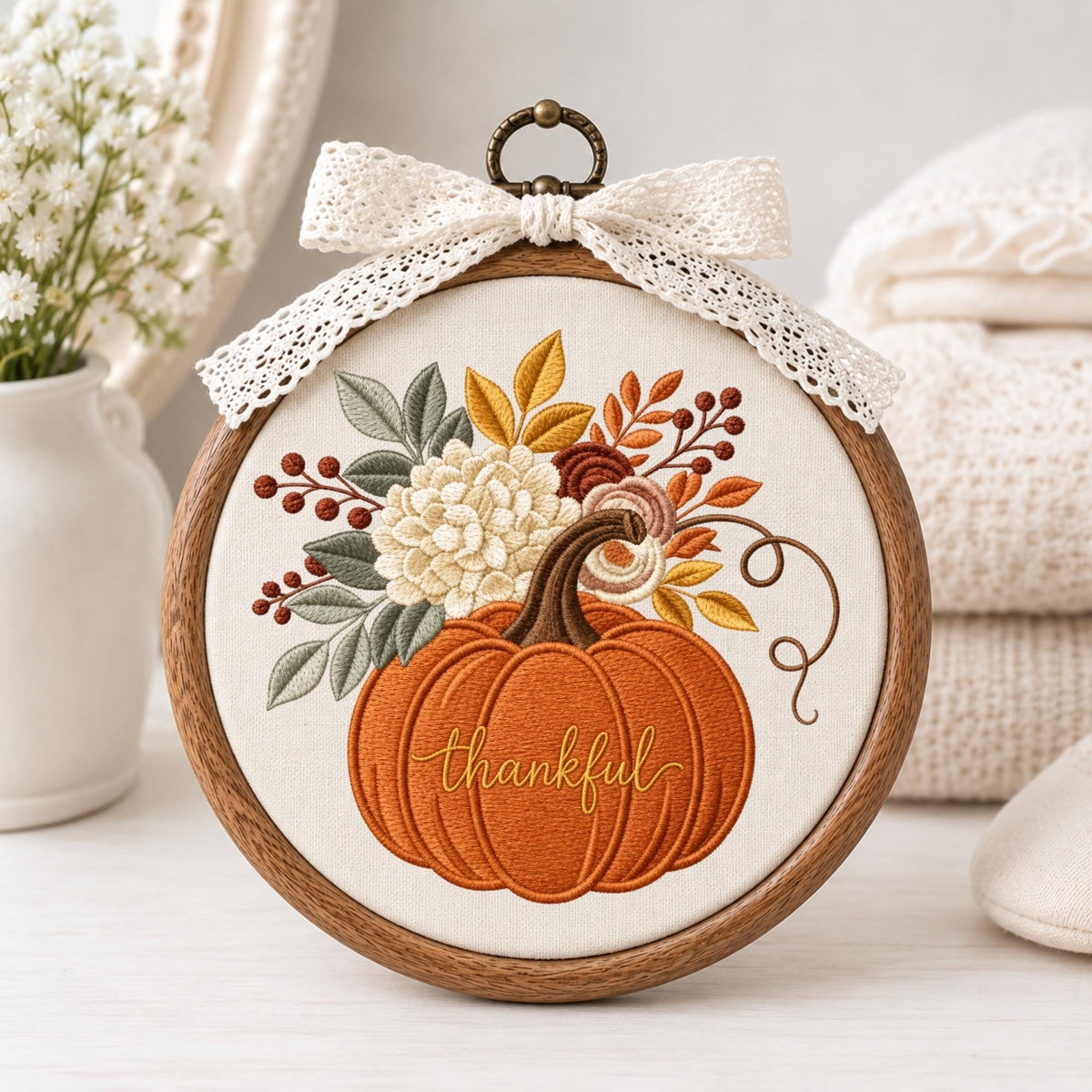 May include: A circular wooden embroidery hoop containing a fabric panel with an embroidered orange pumpkin featuring the word thankful in cursive script. The pumpkin is surrounded by embroidered flowers, leaves, and berries, topped with a white lace bow.