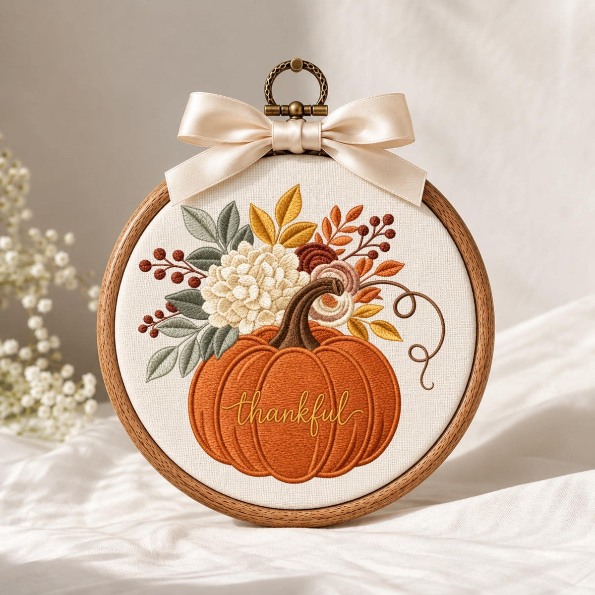 May include: A circular wooden embroidery hoop containing white fabric with an orange pumpkin stitched in the center. The pumpkin features the word thankful in cursive script. Above the pumpkin are embroidered flowers, leaves, and berries. A cream satin ribbon bow is attached to the top metal hanging loop.