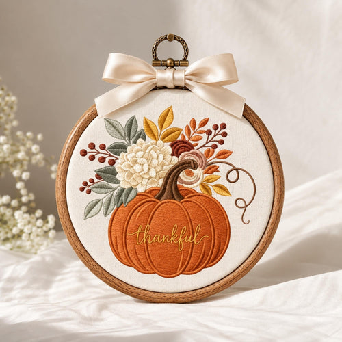 May include: A circular wooden embroidery hoop containing white fabric with an orange pumpkin stitched in the center. The pumpkin features the word thankful in cursive script. Above the pumpkin are embroidered flowers, leaves, and berries. A cream satin ribbon bow is attached to the top metal hanging loop.