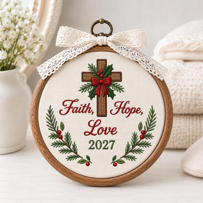 May include: A circular wooden embroidery hoop containing white fabric with a cross, holly, and red berries. The text reads Faith, Hope, Love 2027 in red and green. A cream-colored lace bow is attached to the top with a bronze metal hanging ring.
