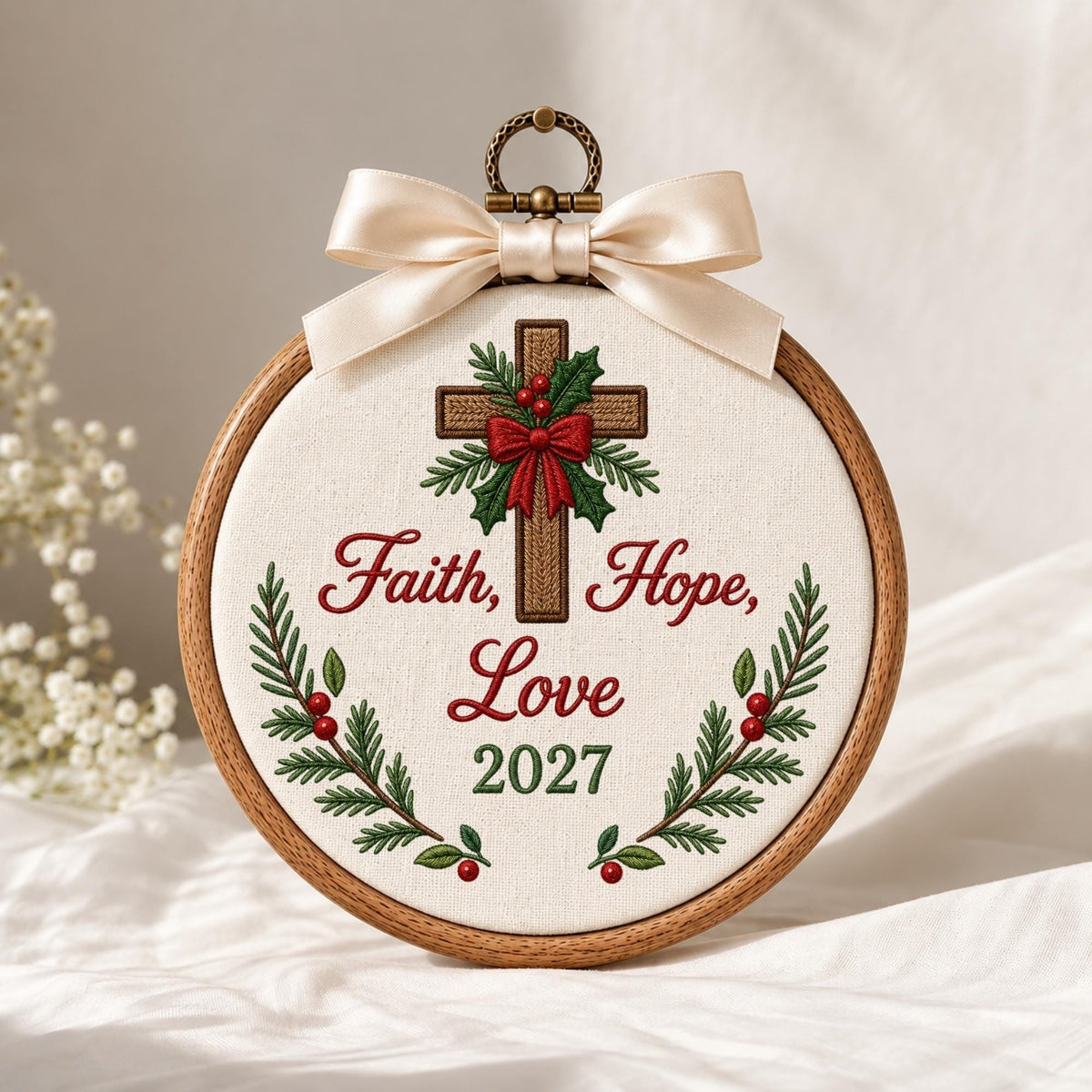 May include: A circular wooden embroidery hoop containing white fabric with a stitched brown cross, red bow, green holly, and red berries. The text reads Faith, Hope, Love 2027 in red and green. A cream-colored satin ribbon bow sits at the top.