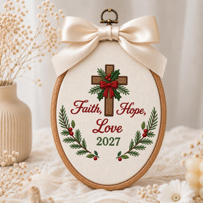 May include: An oval embroidery hoop featuring a cream-colored fabric with a brown cross, green pine branches, red berries, and a red bow. The text reads Faith, Hope, Love and 2027. A large cream satin ribbon is tied at the top with a metal ring.