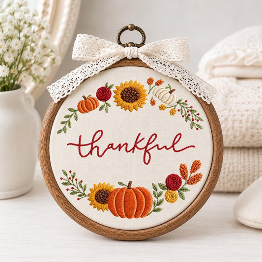 May include: A circular wooden embroidery hoop containing white fabric with the word thankful stitched in red cursive. The text is surrounded by an embroidered wreath of orange pumpkins, yellow sunflowers, red roses, and green foliage, topped with a white lace bow.