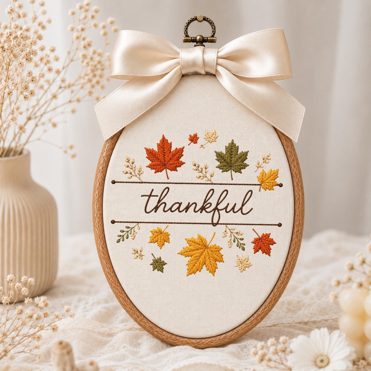 May include: An oval wooden embroidery hoop containing cream fabric with the word thankful stitched in brown cursive. The design features embroidered maple leaves in shades of orange, yellow, and green, topped with a large cream satin ribbon bow.