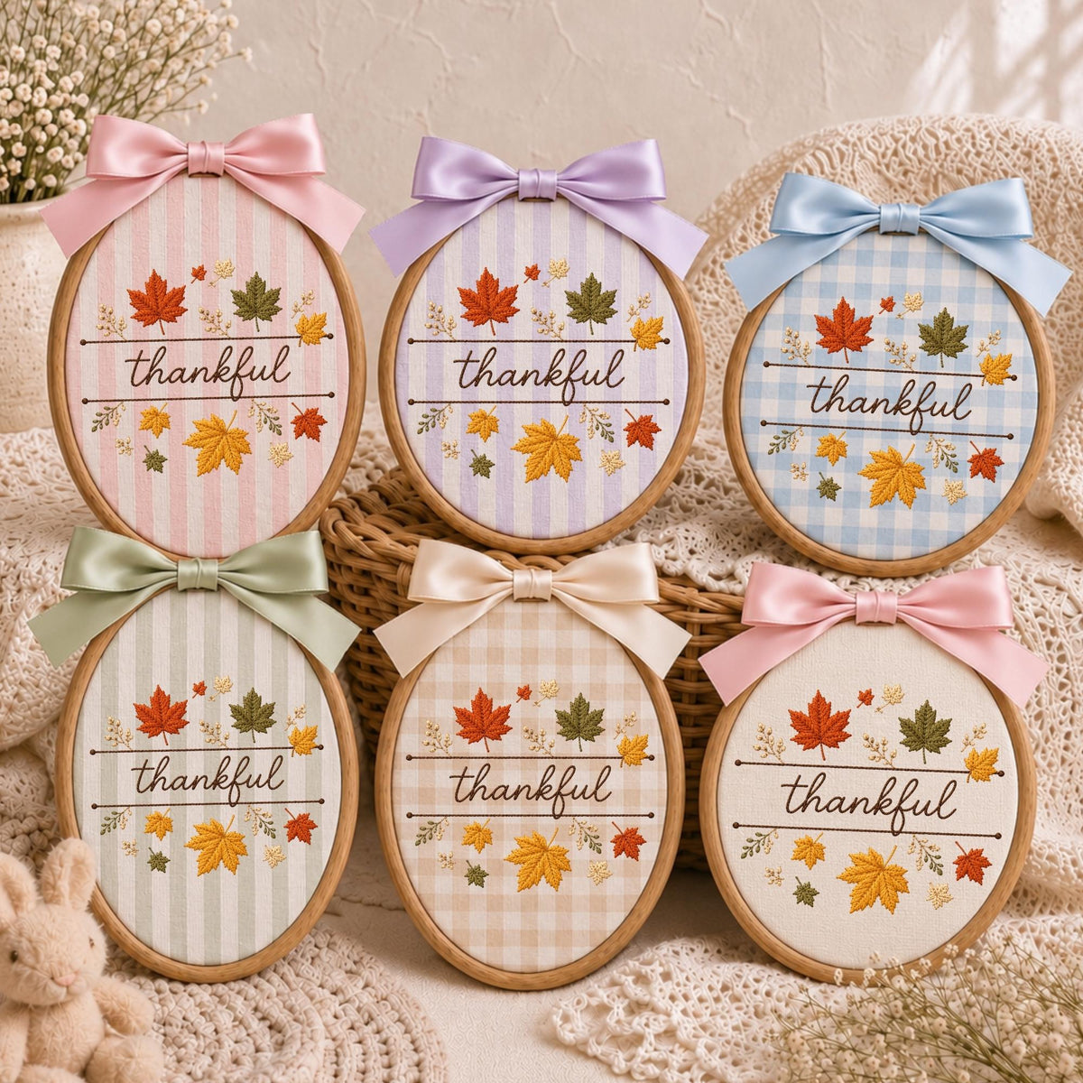 May include: Six oval wooden embroidery hoops featuring fabric backgrounds with stripes or gingham patterns. Each hoop displays embroidered autumn leaves and the word thankful in cursive script, topped with a decorative satin ribbon bow.