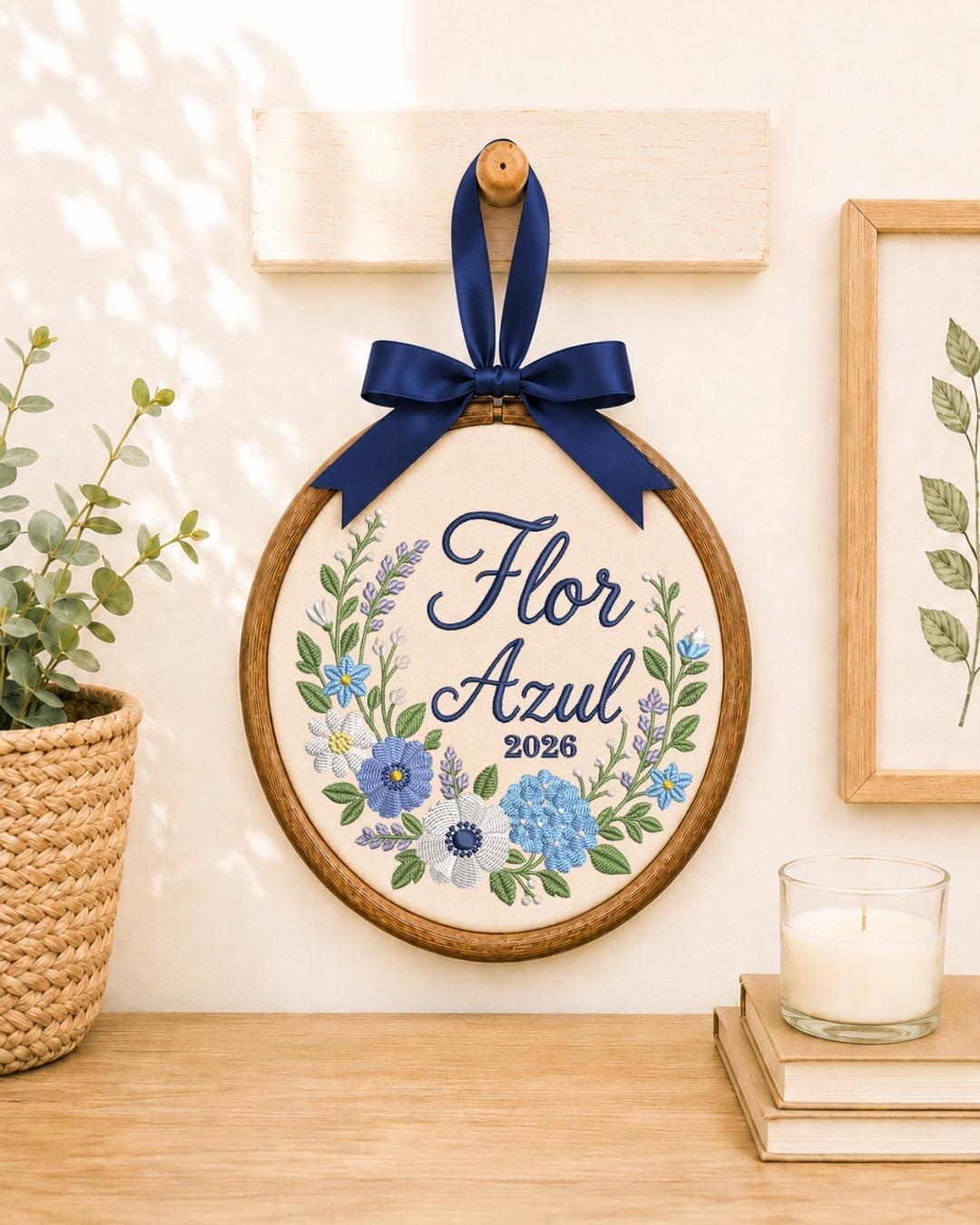 Personalized Blue Floral Embroidered Ornament, Custom Name Flower Hoop, Botanical Wall Decor, Personalized Floral Keepsake, Custom Gift