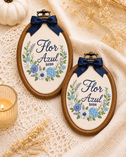 Personalized Blue Floral Embroidered Ornament, Custom Name Flower Hoop, Botanical Wall Decor, Personalized Floral Keepsake, Custom Gift