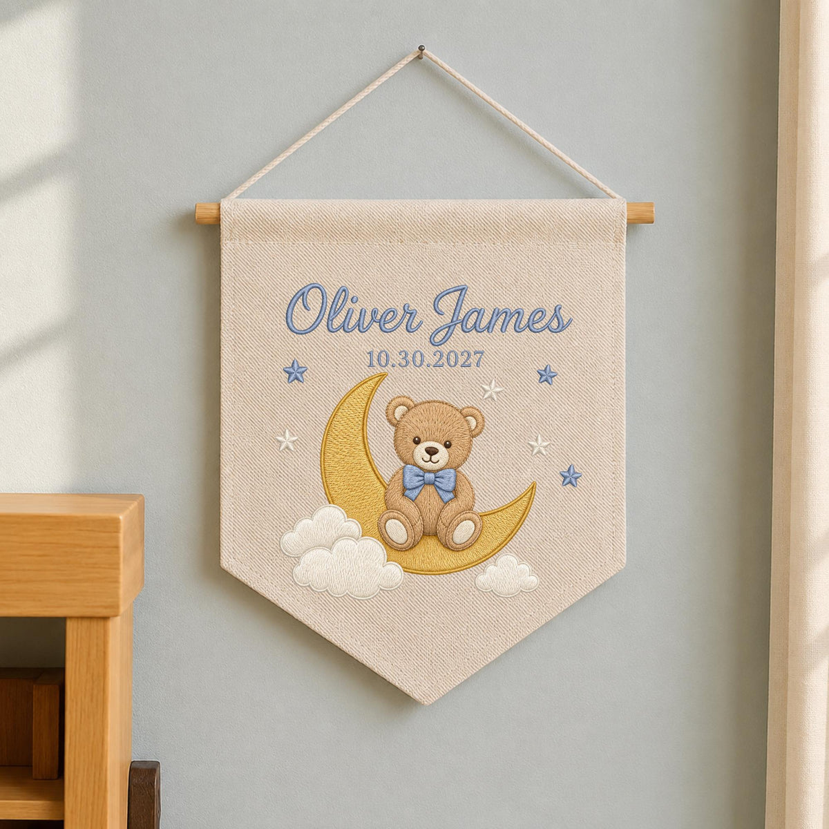 Personalized Embroidered Baby Name Banner, Teddy Bear Moon Nursery Wall Hanging, Custom Birth Date Sign, Baby Boy Nursery Decor, Newborn