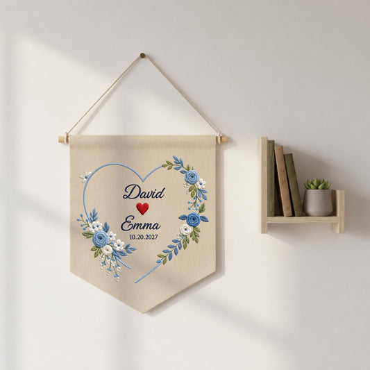 Personalized Embroidered Couple Name Banner, Heart Floral Anniversary Wall Hanging, Custom Wedding Date Sign, Romantic Wedding Keepsake Gift