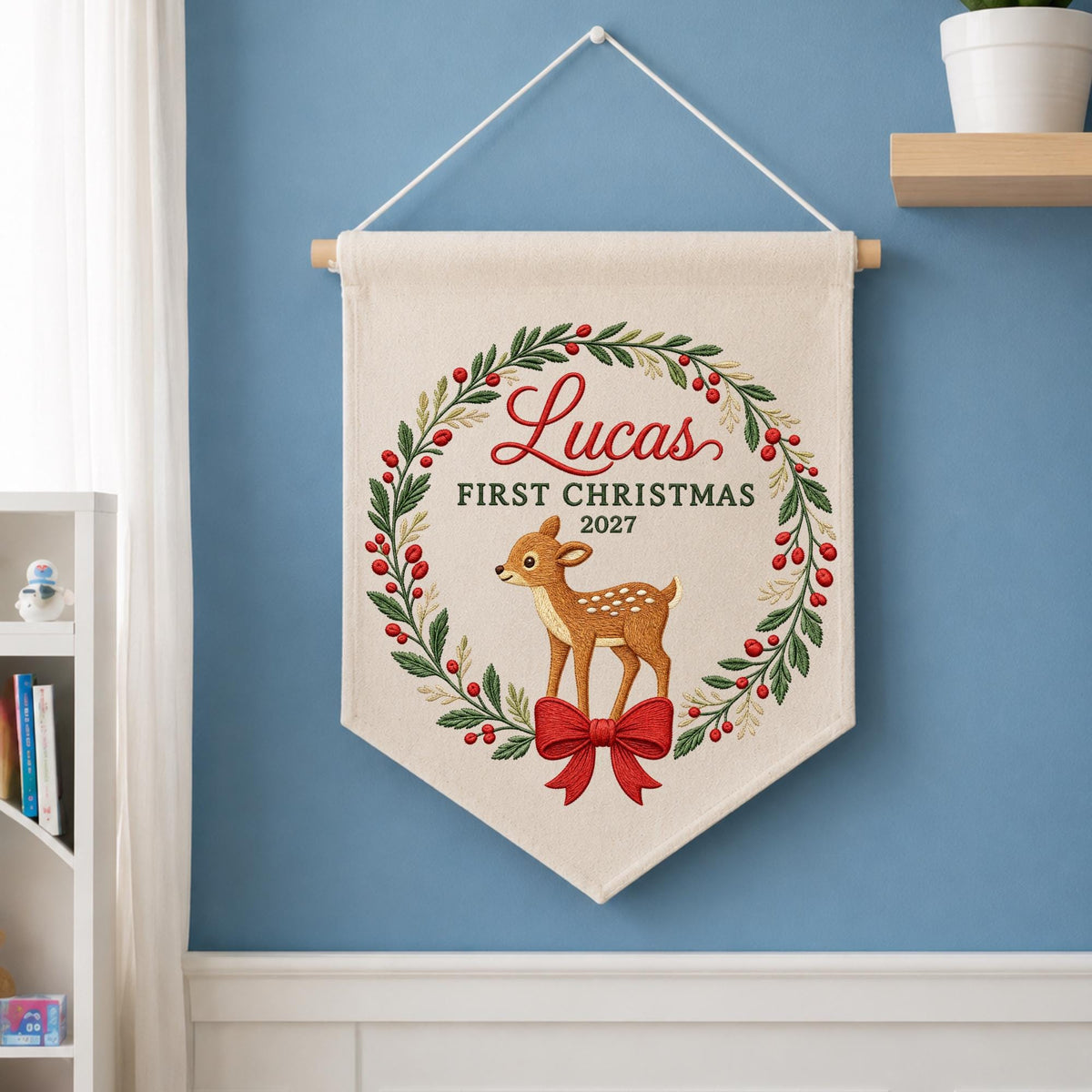 Personalized Embroidered First Christmas Baby Banner, Deer Christmas Wall Hanging, Custom Baby Name Holiday Decor, Newborn Christmas Gift