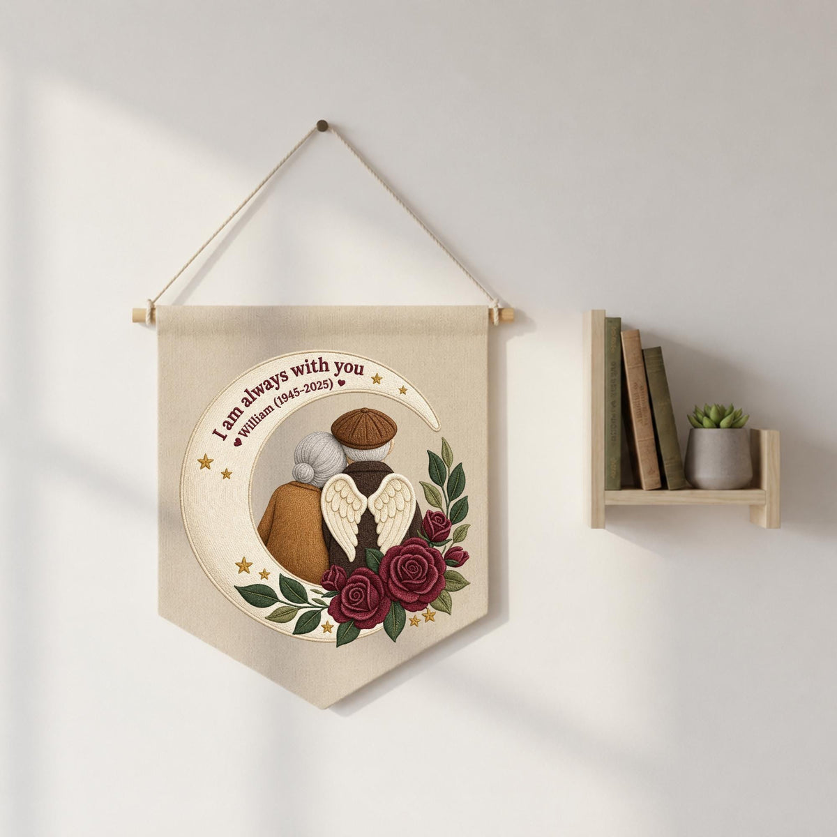 Personalized Embroidered Memorial Banner, In Loving Memory Wall Hanging, Angel Wings Moon Keepsake, Sympathy Gift for Loss of Loved One