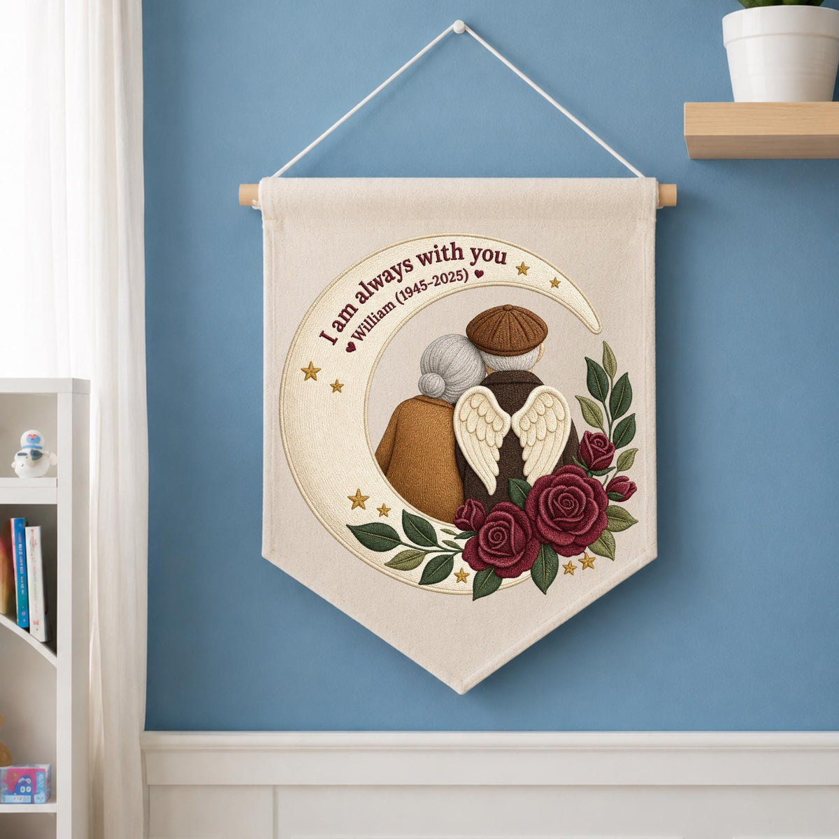 Personalized Embroidered Memorial Banner, In Loving Memory Wall Hanging, Angel Wings Moon Keepsake, Sympathy Gift for Loss of Loved One