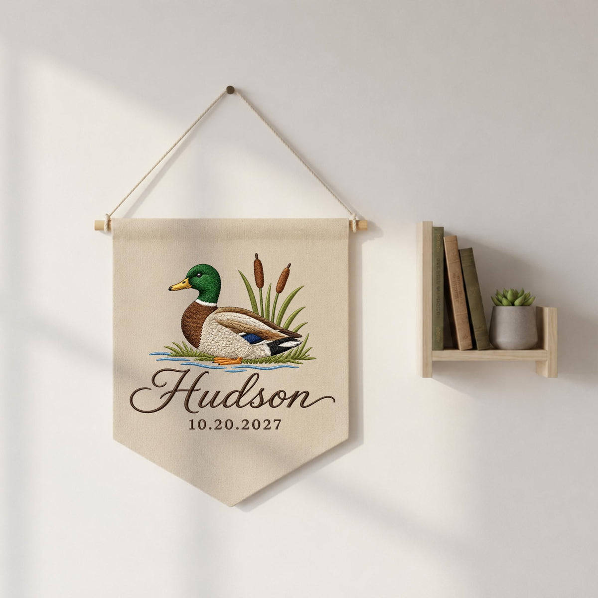 Personalized Embroidered Duck Baby Name Banner, Mallard Nursery Wall Hanging, Custom Birth Date Sign, Woodland Baby Boy Decor, Newborn Gift