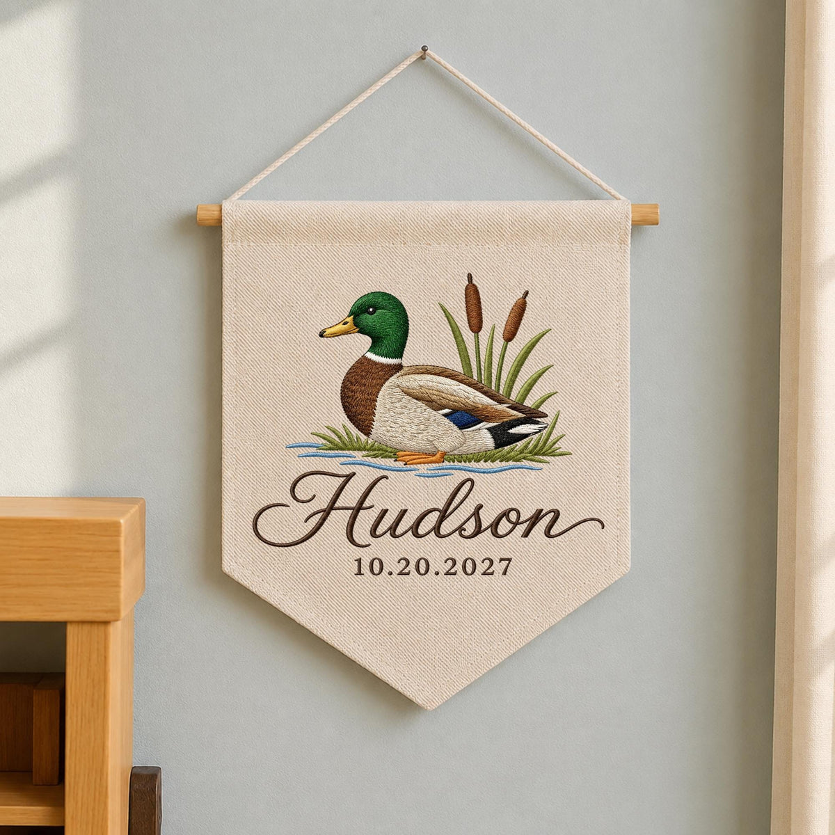 Personalized Embroidered Duck Baby Name Banner, Mallard Nursery Wall Hanging, Custom Birth Date Sign, Woodland Baby Boy Decor, Newborn Gift