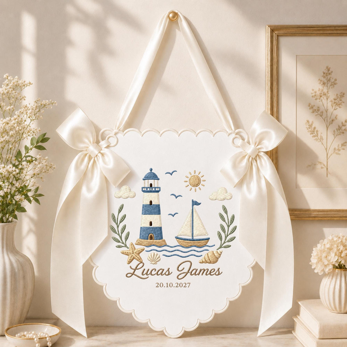 Personalized Embroidered Nautical Baby Name Banner, Lighthouse Sailboat Nursery Wall Hanging, Custom Birth Date Sign, Baby Boy Nursery Decor