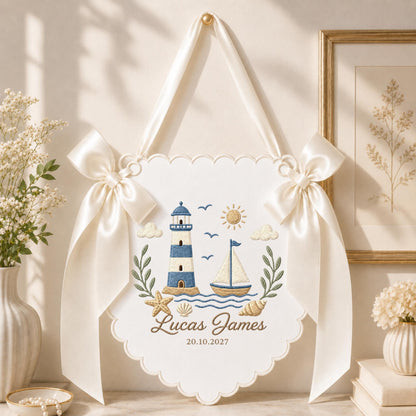 Personalized Embroidered Nautical Baby Name Banner, Lighthouse Sailboat Nursery Wall Hanging, Custom Birth Date Sign, Baby Boy Nursery Decor