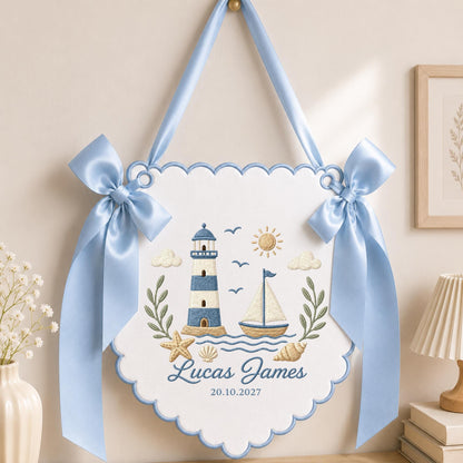 Personalized Embroidered Nautical Baby Name Banner, Lighthouse Sailboat Nursery Wall Hanging, Custom Birth Date Sign, Baby Boy Nursery Decor
