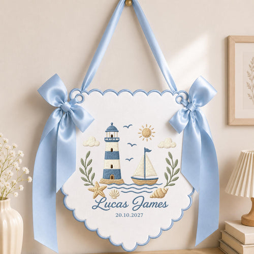 Personalized Embroidered Nautical Baby Name Banner, Lighthouse Sailboat Nursery Wall Hanging, Custom Birth Date Sign, Baby Boy Nursery Decor