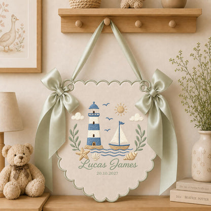 Personalized Embroidered Nautical Baby Name Banner, Lighthouse Sailboat Nursery Wall Hanging, Custom Birth Date Sign, Baby Boy Nursery Decor