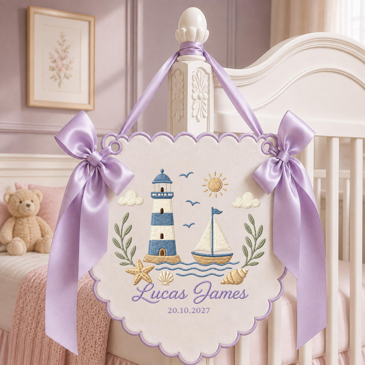 Personalized Embroidered Nautical Baby Name Banner, Lighthouse Sailboat Nursery Wall Hanging, Custom Birth Date Sign, Baby Boy Nursery Decor