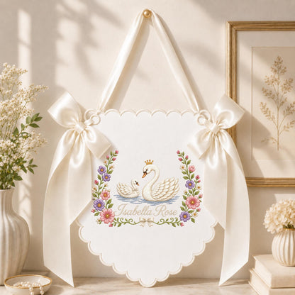 Personalized Embroidered Swan Baby Name Banner, Floral Nursery Wall Hanging, Custom Baby Girl Name Sign, Princess Swan Nursery